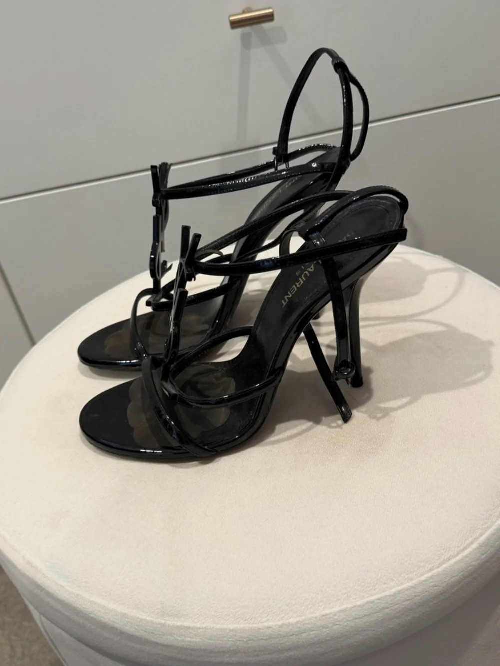 Saint Laurent Black Patent Leather YSL Logo Strappy Heels - Picture 2 of 7